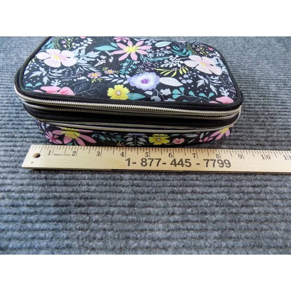 Floral Jewelry Travel Organizer Case Double Layer Storage Bag Black Botanical